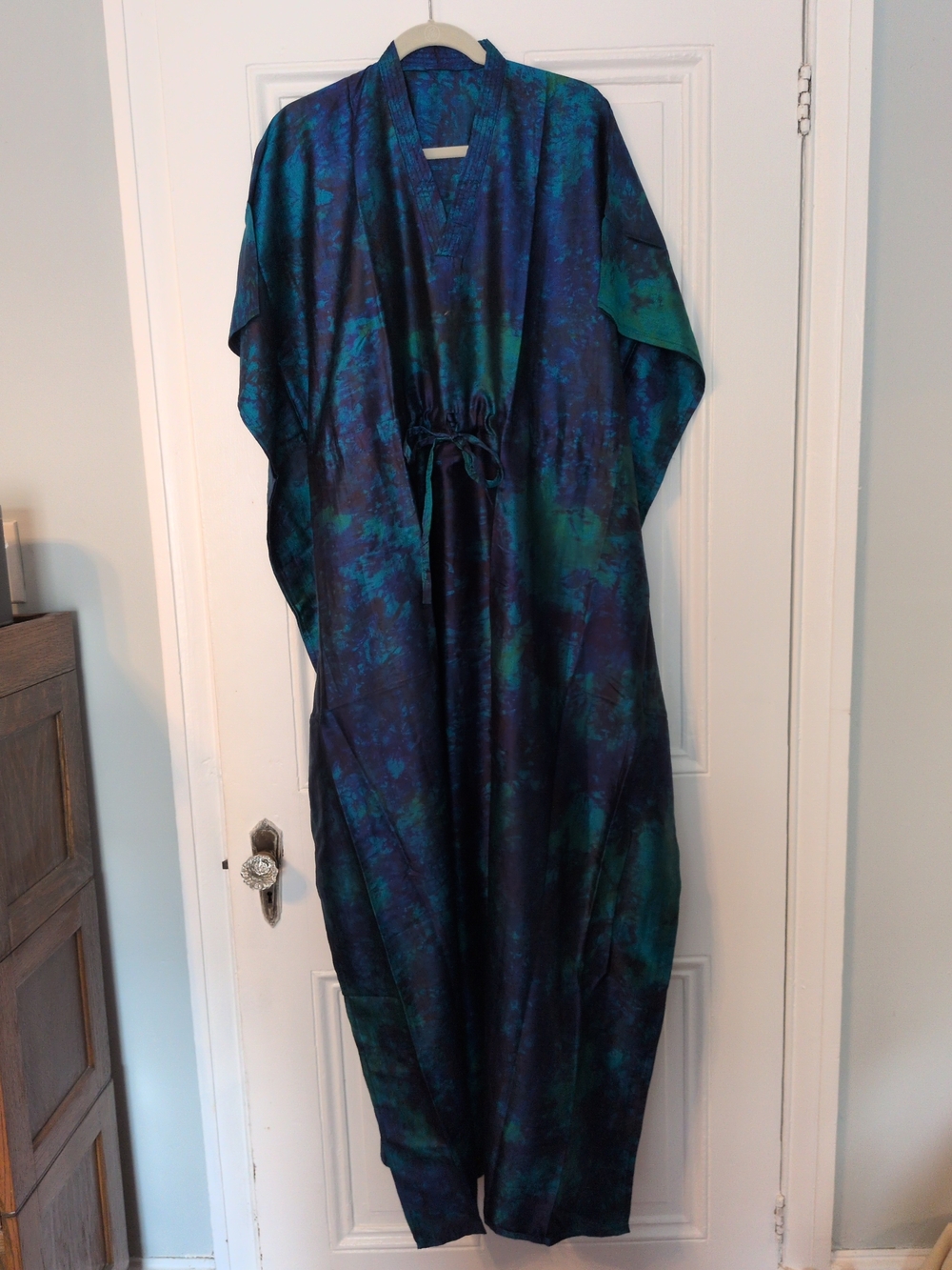 Flowing Teal and Navy Tie-Dye Caftan With Drawstring OSFM